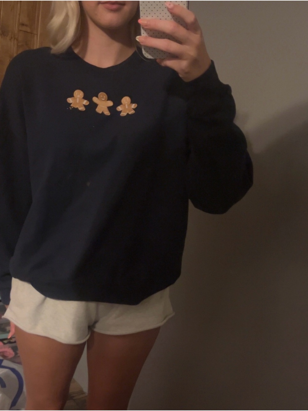 Hollister Navy Sweatshirt with Tan Gingerbread Crew Graphic
